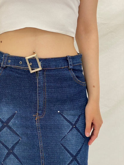 Vintage Y2K Stretch Denim Maxi Skirt Blue Belted Jean Skirt – M