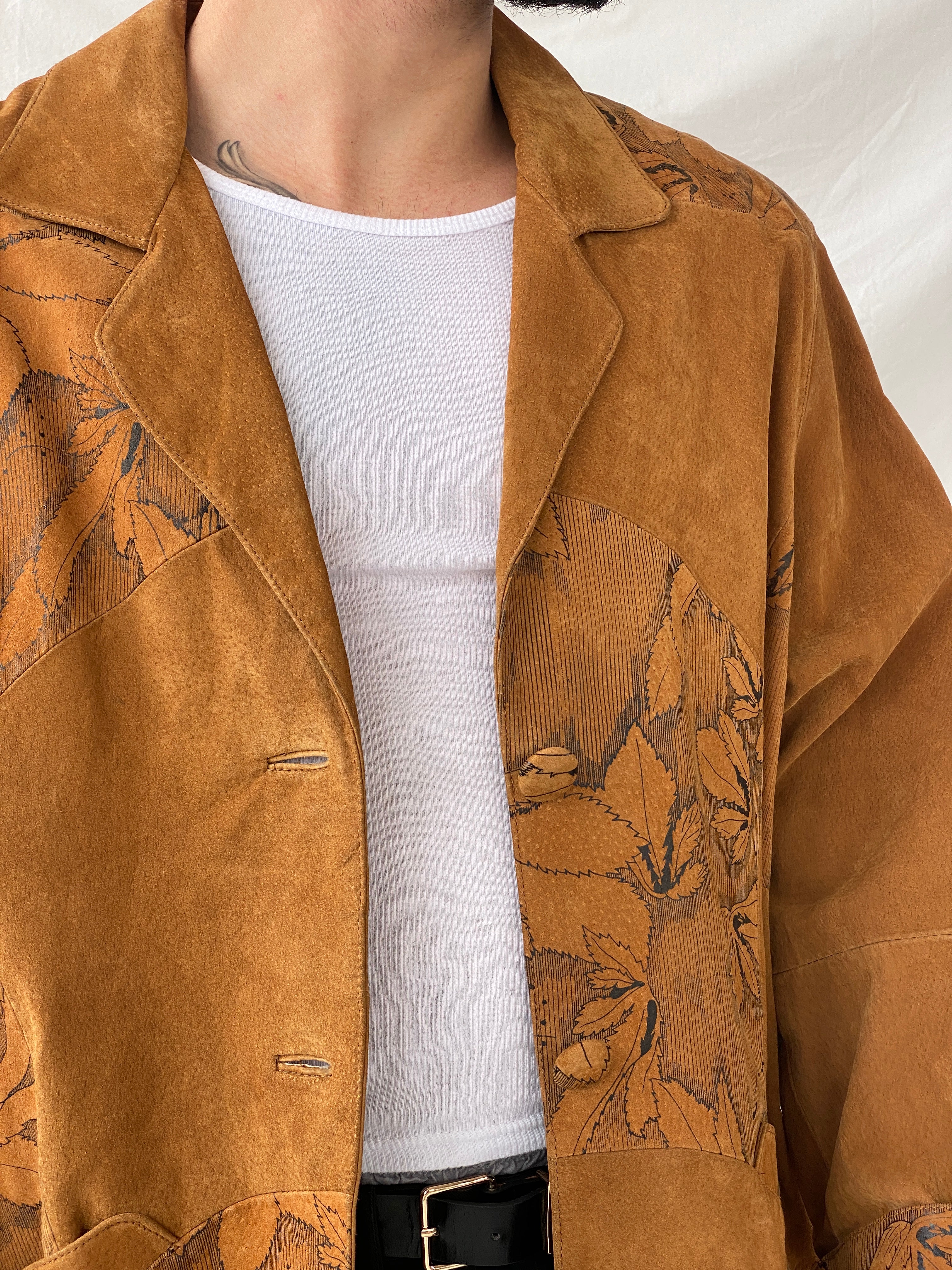 Vintage Men’s Genuine Brown Suede Leather Oversized Floral Blazer - XL