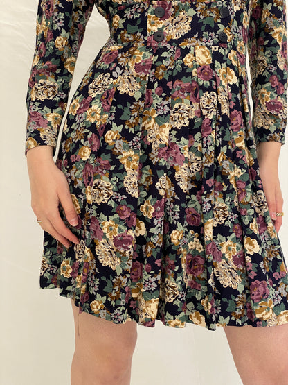 Vintage Petite Sophisticate Floral Dress Long Sleeve Fit & Flare Mini Dress, 90s Romantic Floral Dress - S