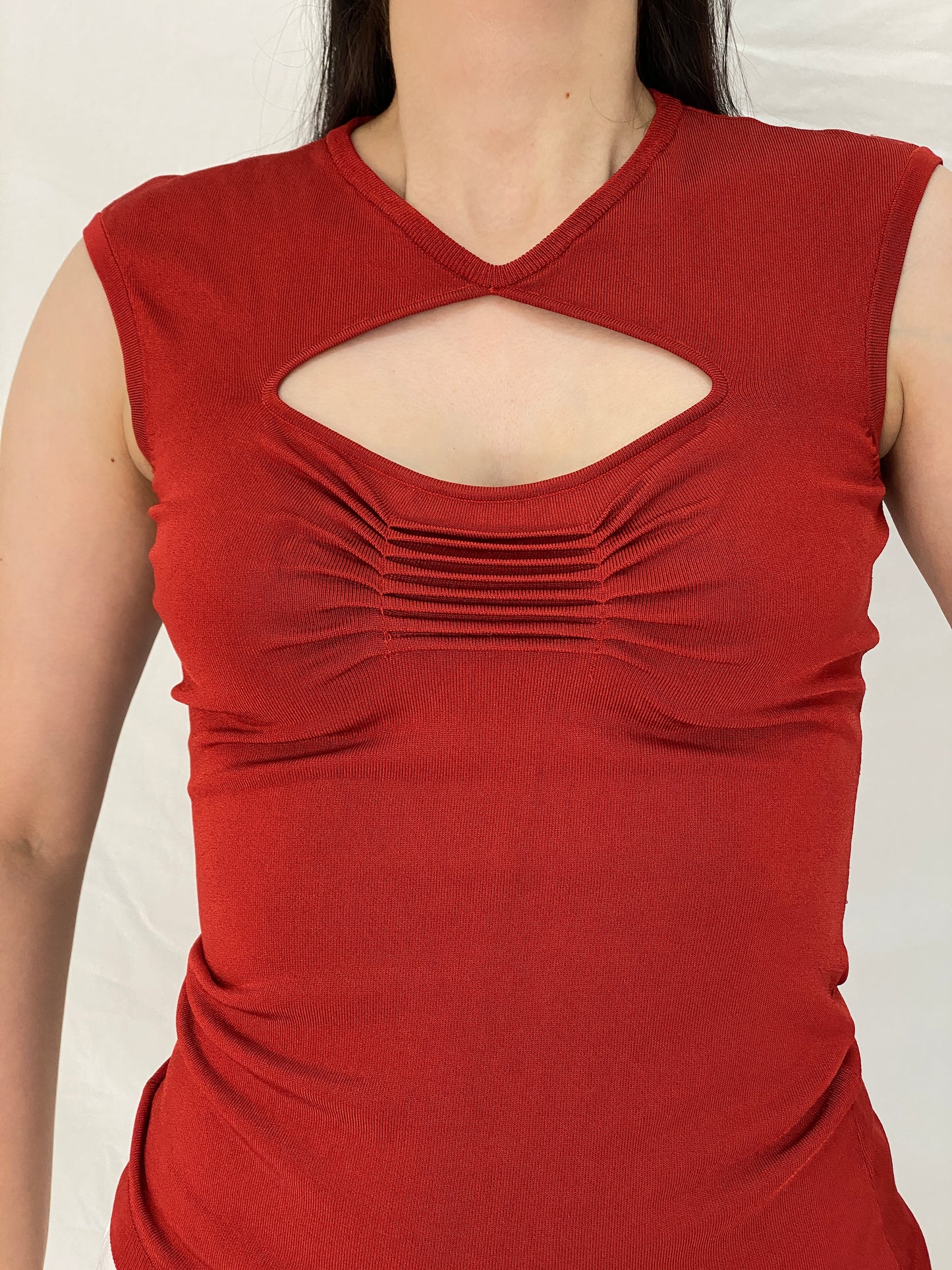 Vintage Y2K Cache Rust Red Rayon Blend Keyhole Knit Top – S