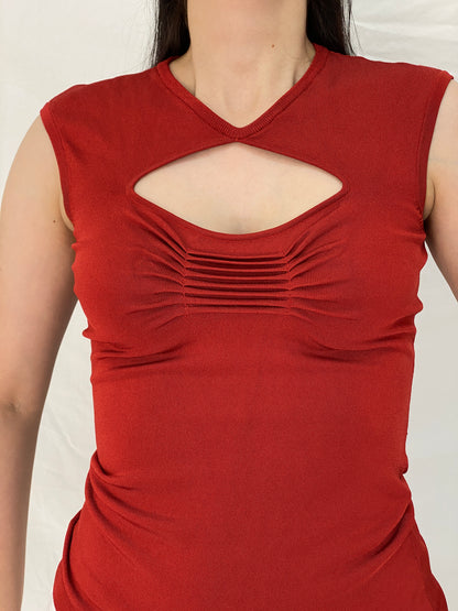 Vintage Y2K Cache Rust Red Rayon Blend Keyhole Knit Top – S