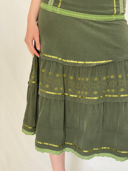 Vintage Y2K Jaune Rouge Paris Olive Green Corduroy Tiered Embroidered Midi Skirt - L