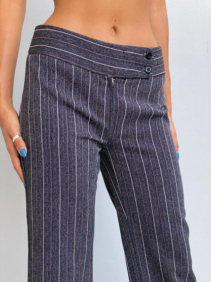 Vintage Y2K Grey Pinstripe Cropped Wide Leg Trousers Low Rise Office Siren Pants - S