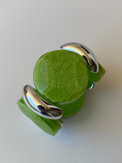 Y2K Green Resin & Silver-Tone Stretch Bracelet Statement Bangle
