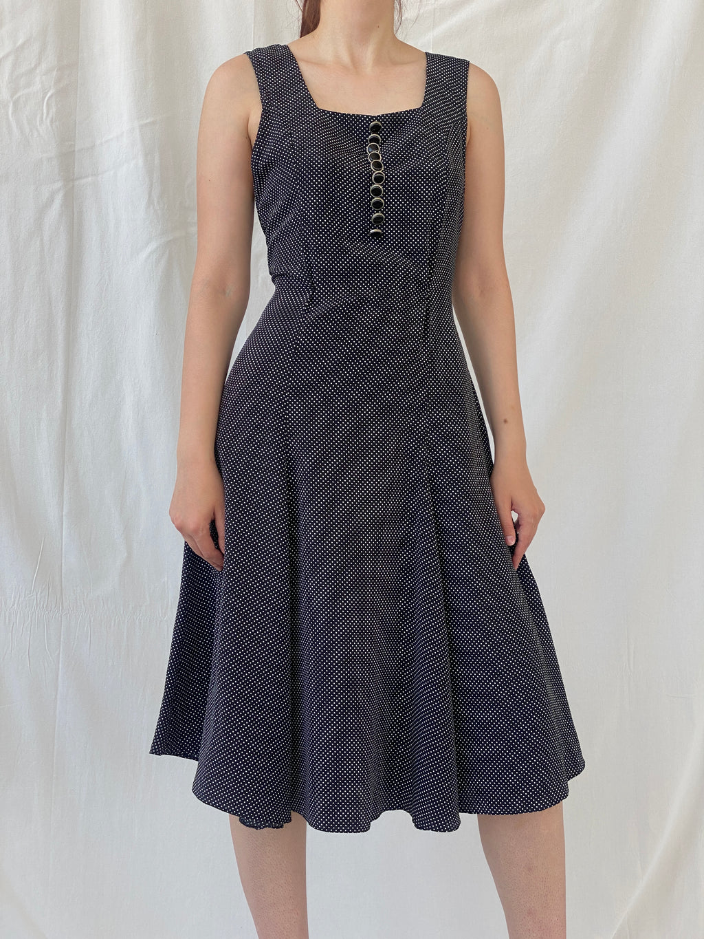 Vintage Handmade Black and White Polka Dots Sleeveless Midi Dress - S