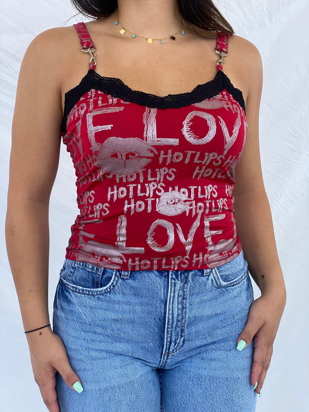 Y2k J.N.Y Red Graphic Cami Top With Lace Detailing- L