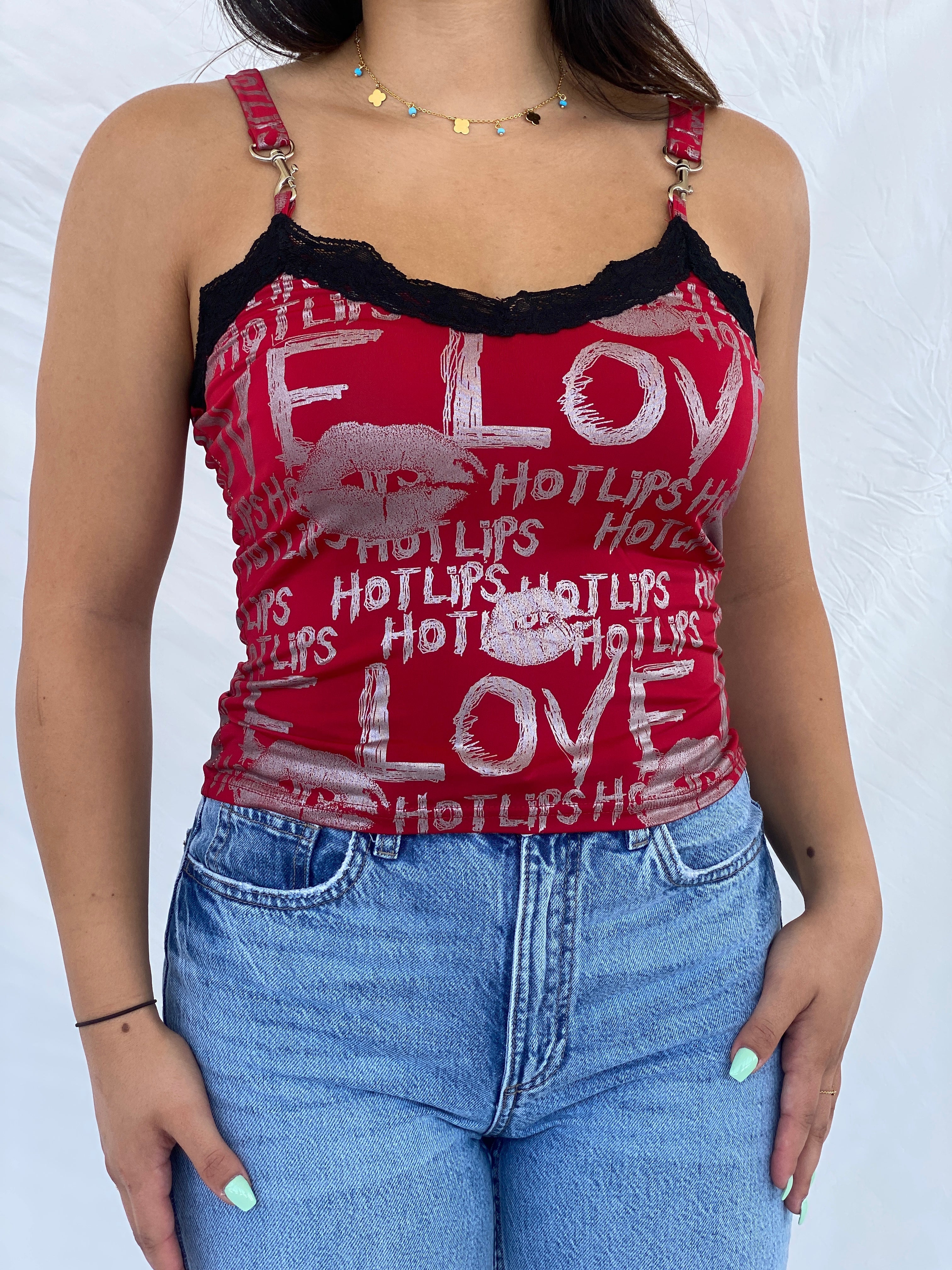 Y2k J.N.Y Red Graphic Cami Top With Lace Detailing- L