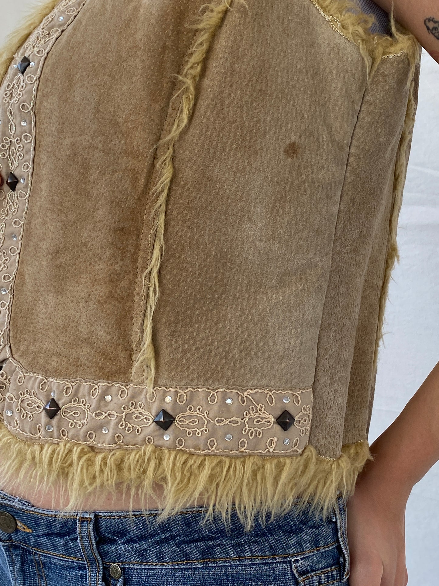 Vintage Live A little Fur Lined Suede Embellished Western Vest - L