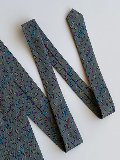 Vintage 1990s Grey Multicolor Geometric Triangle Polyester Necktie