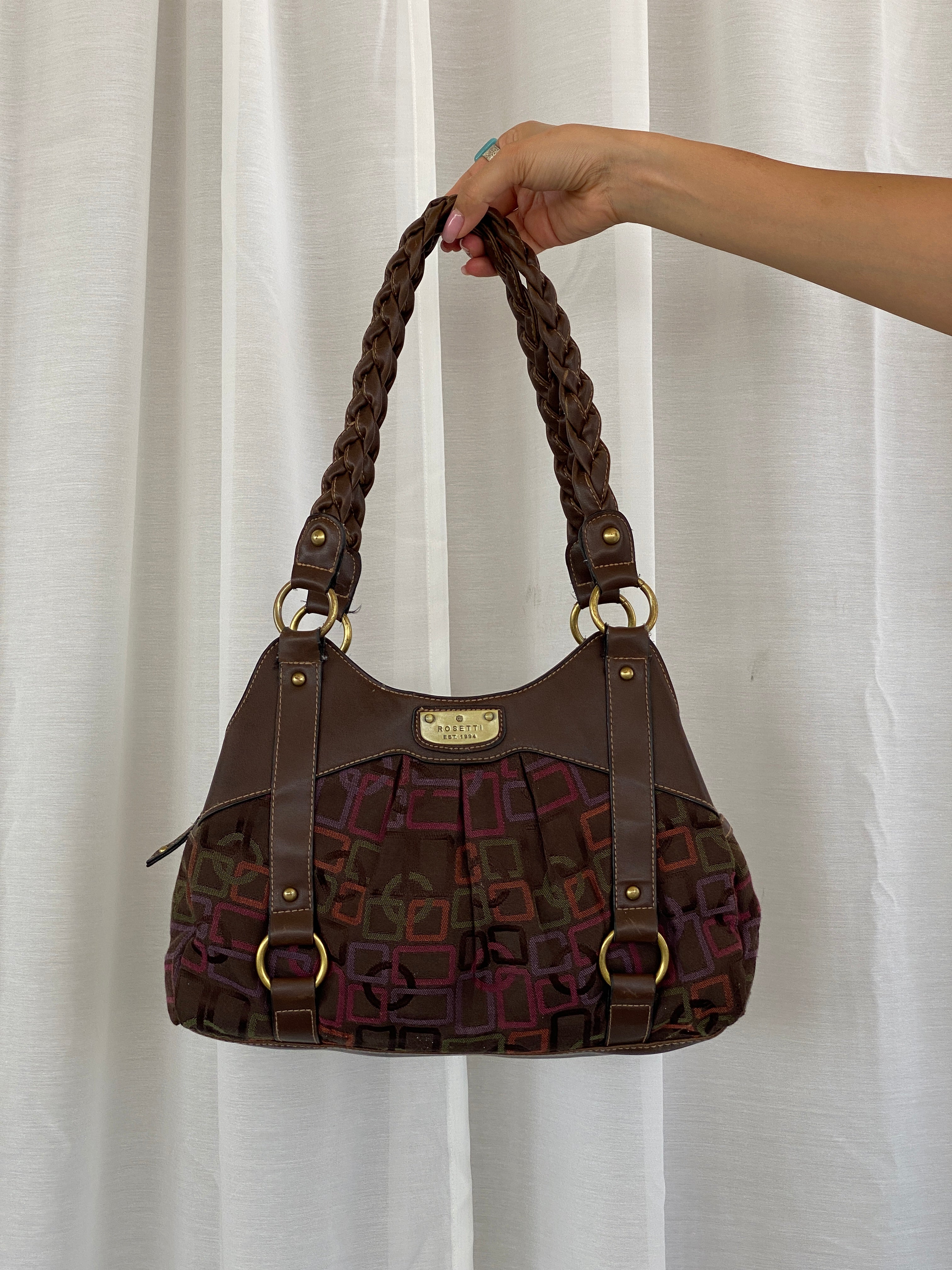 Y2K Rosetti Brown Multicolored Geometric Pattern Shoulder Bag With Braided Vinyl Handles