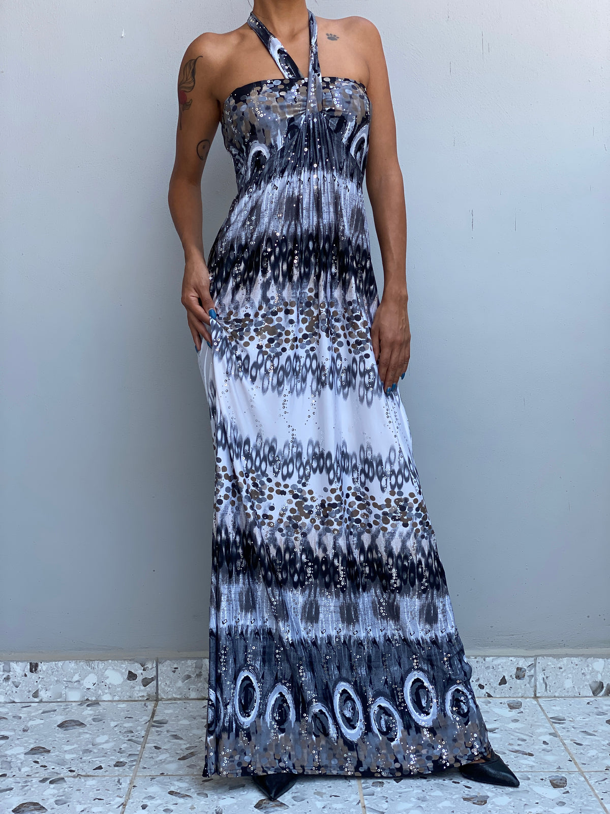 Vintage Y2K Evita Grey Black Sequin Halter Neck Maxi Dress - S Vintage Y2K Evita Grey Black Sequin Halter Neck Maxi Dress - S