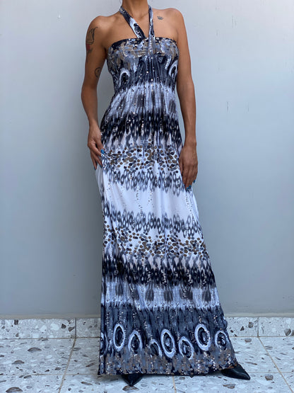 Vintage Y2K Evita Grey Black Sequin Halter Neck Maxi Dress - S