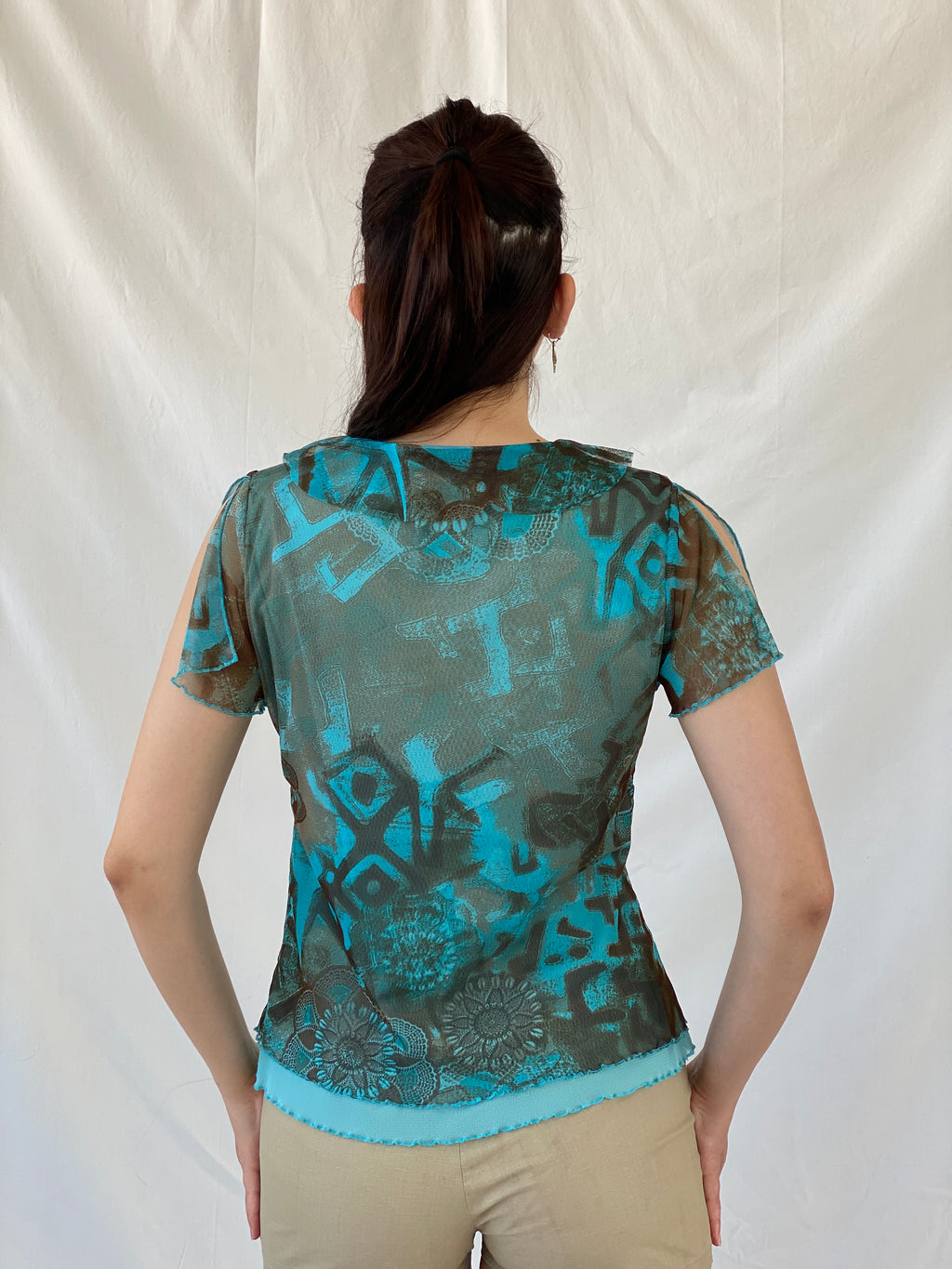 Vintage 90s Liberty Island Graphic Blue Brown Floral Ruffle Neckline  Mesh Top - L