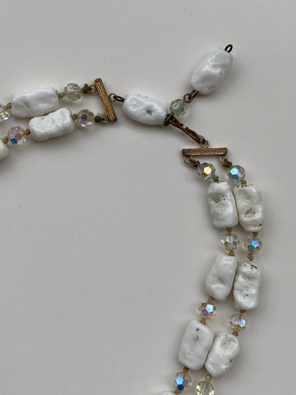 Vintage White Stone & Crystal Beaded Necklace Double Strand Organic Minimalist Jewelry