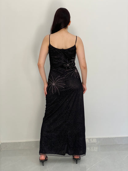 Vintage 90s Brilliante by J.A. Black Beaded Floral Mesh Maxi Slip Dress - S