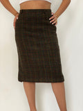 Vintage Solfin Wool-Blend Tweed Pencil Skirt Multicolor Check Plaid High-Waist Midi Skirt - M