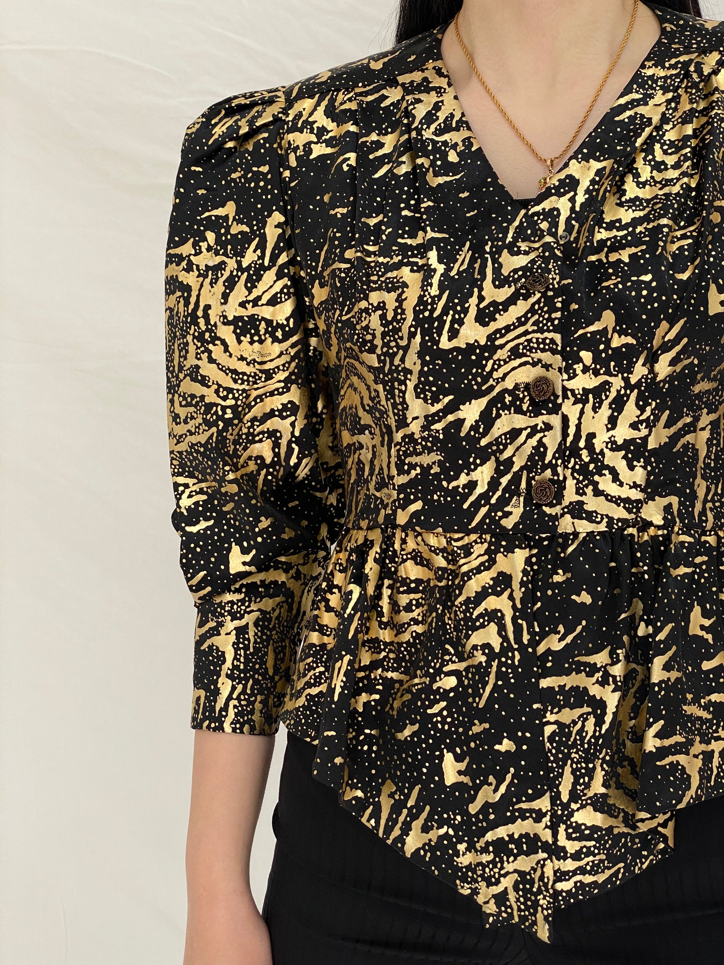 Vintage Black & Gold Abstract Print Peplum Blouse with Puff Sleeves - S