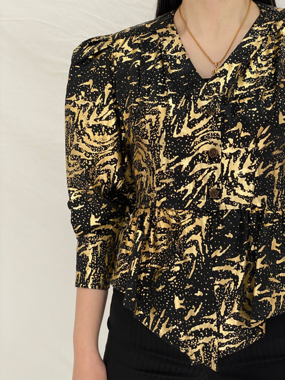 Vintage Black & Gold Abstract Print Peplum Blouse with Puff Sleeves - S