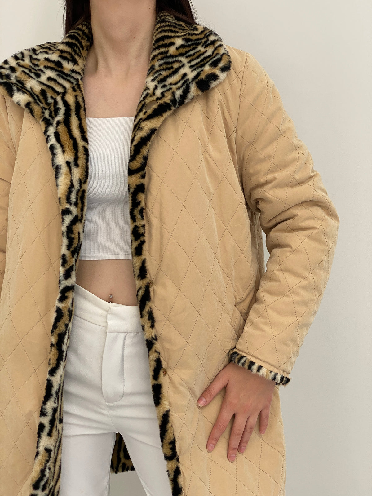 Vintage Y2K Reversible Beige Quilted Leopard Faux Fur Longline Jacket - L