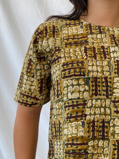 Earth-Tone African Mud Cloth Half-Sleeve Top - M