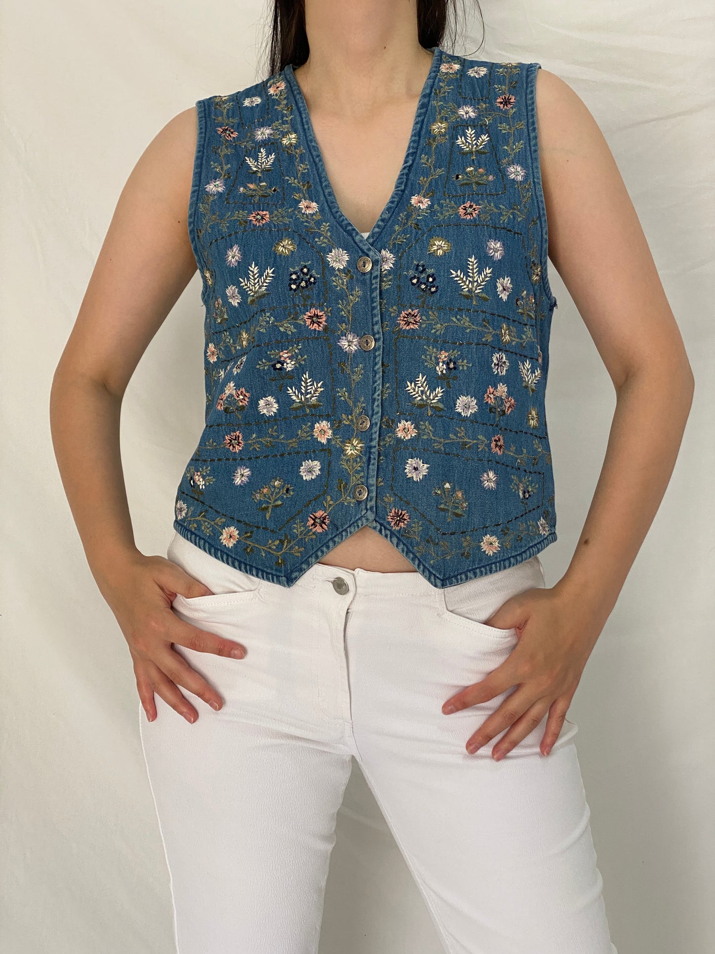 Vintage 90s New Directions Floral Embroidered Beaded Denim Vest – S