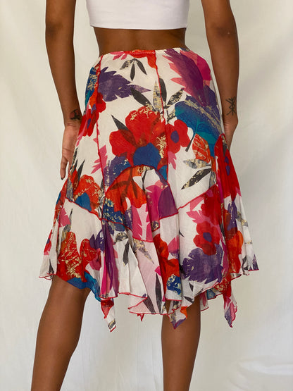 Vintage Y2K Didier Parakian Multicolor Silk Cotton Floral Asymmetric Boho Midi Skirt - M