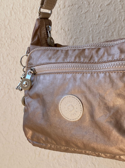 Y2K Kipling Metallic Taupe Nylon Multi-Pocket Crossbody Bag with Monkey Charm