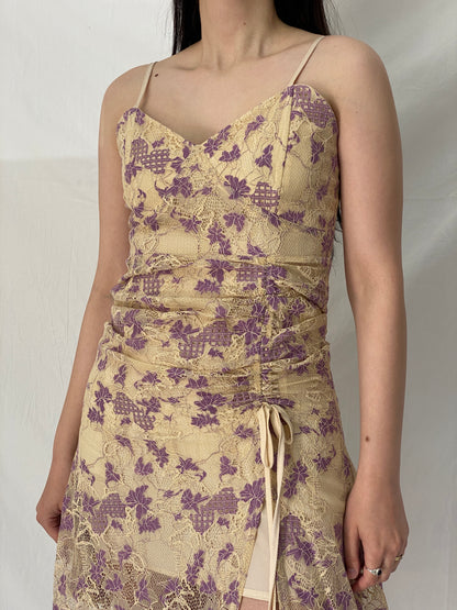 Vintage Y2K Six One Fashion Cream & Purple Floral Lace Ruched Tie-Side Slip Dress - M