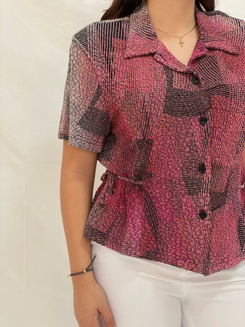 Vintage Positive Attitude Abstract Pink Button-Down Blouse Short Sleeve 90s Shirt - XL