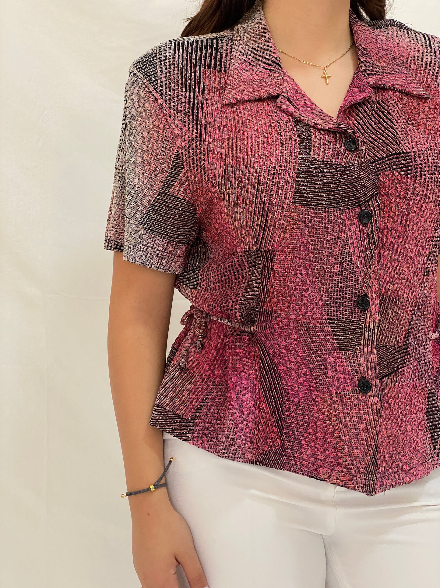 Vintage Positive Attitude Abstract Pink Button-Down Blouse Short Sleeve 90s Shirt - XL