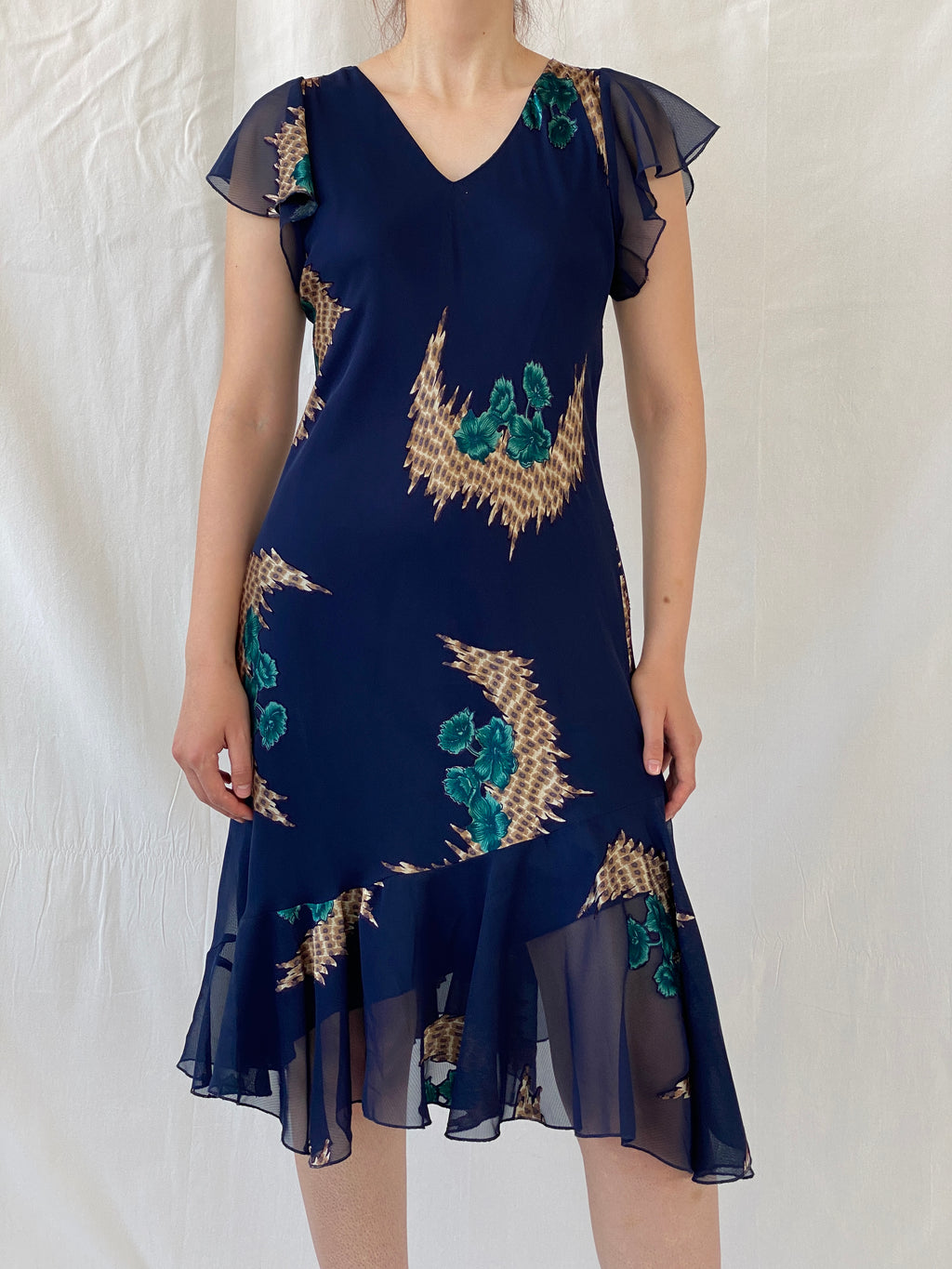 Vintage 90s Eva Blue Dark Blue Midi Asymmetrical Hem Dress - M