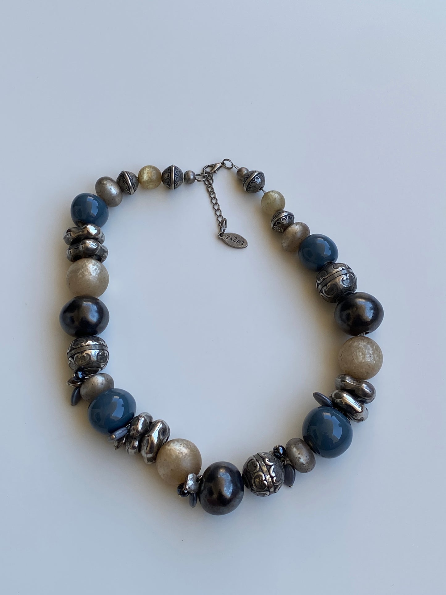 Statement ZaZa’Z Blue Silver Tone Mixed Bead Chunky Necklace
