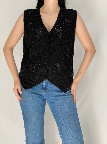 Vintage Black Paisley Sequined & Beaded Party Embellished Evening Vest - M
