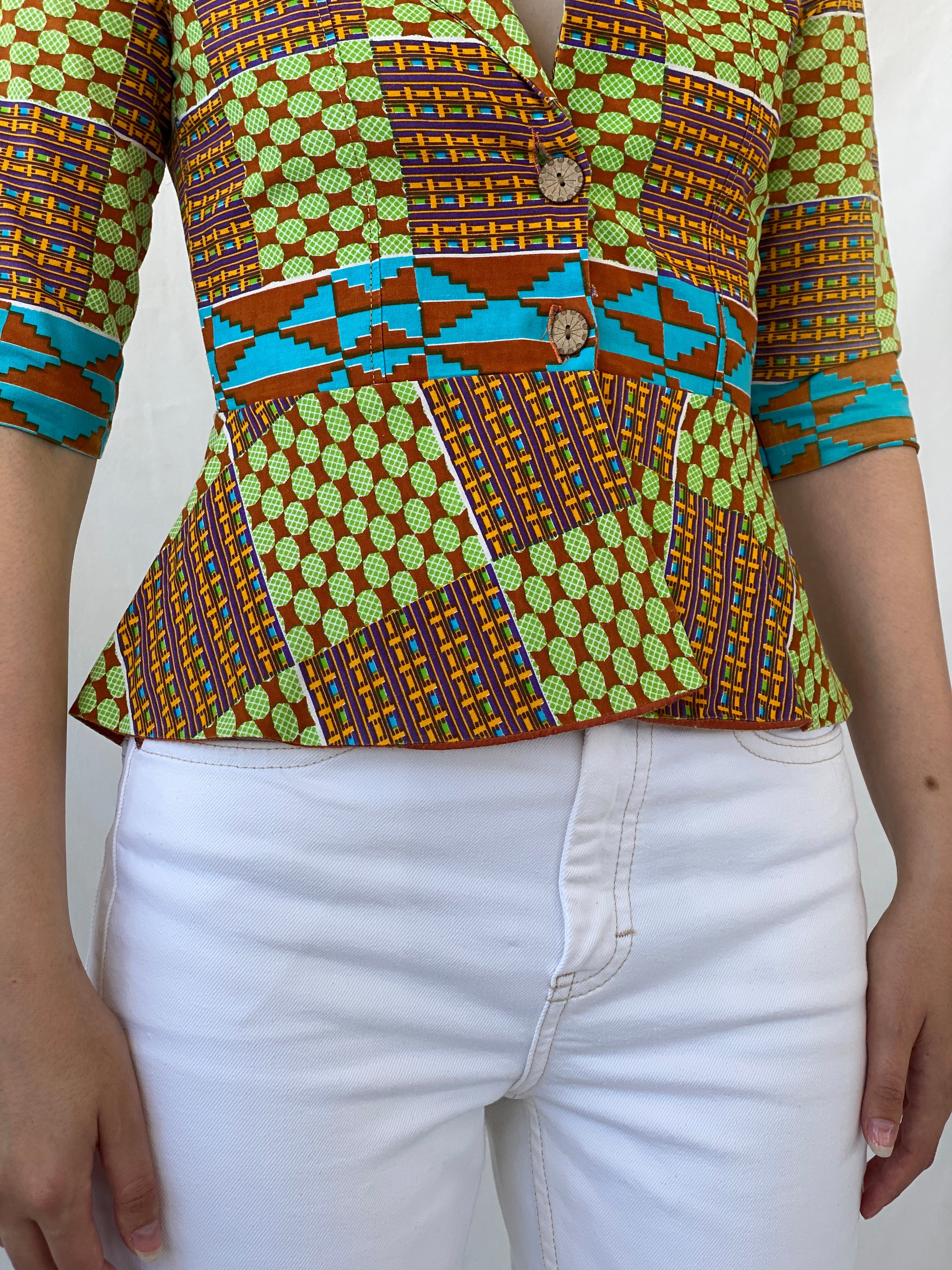 Vintage Handmade Afro Ethnic Print Ankara Short Jacket Green Brown Multicolor Blazer - S