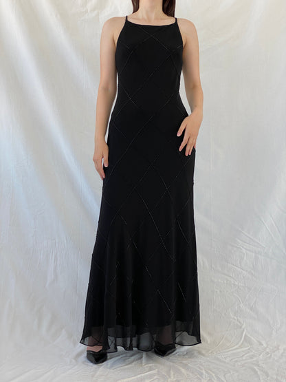 Vintage Jones New York Black Beaded Evening Gown 90s Formal Slip Dress - M