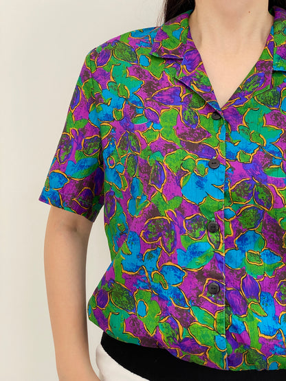 Vintage 80s Gianna Jewel Tone Floral Print Short Sleeve Blouse - M