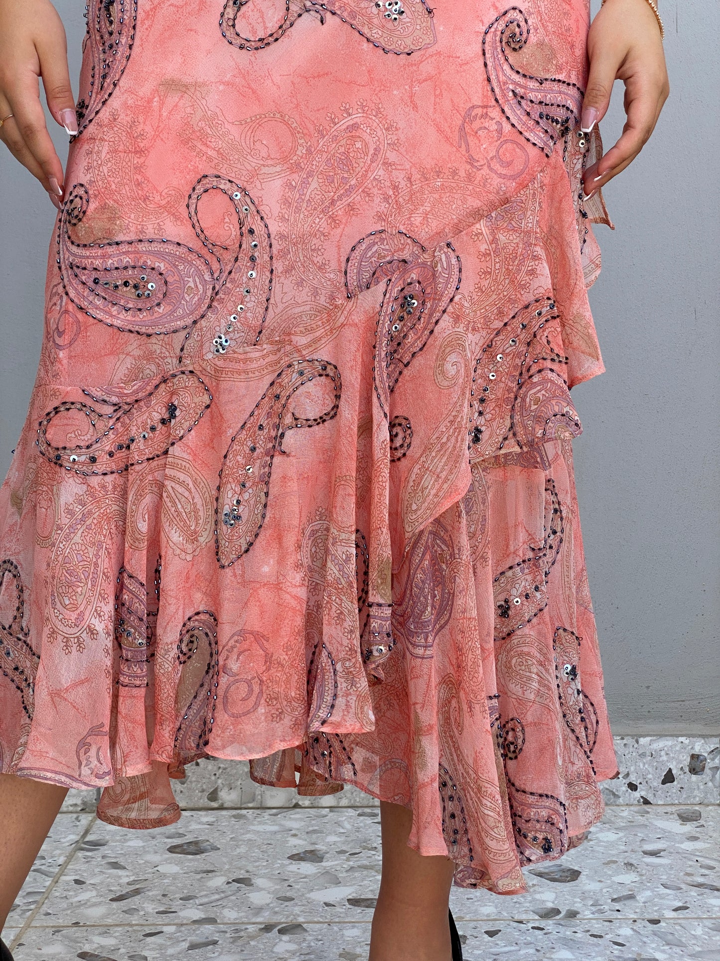 Vintage Solitaire by Ravi Khosla Pink Sheer Beaded Paisley Fairycore Maxi Dress – L