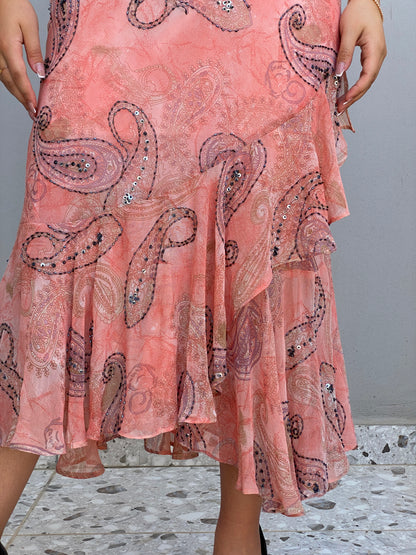Vintage Solitaire by Ravi Khosla Pink Sheer Beaded Paisley Fairycore Maxi Dress – L