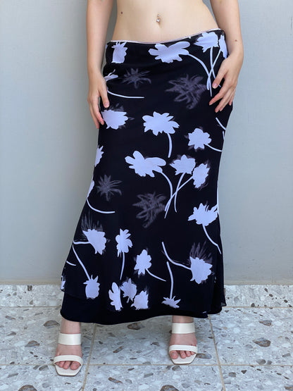 Vintage Y2K Black White Floral Maxi Monochrome Bias Cut Slip Skirt – L