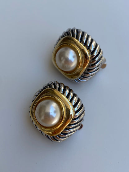 Vintage Two-Tone Faux Pearl Ribbed Clip-On Gold & Silver Earrings