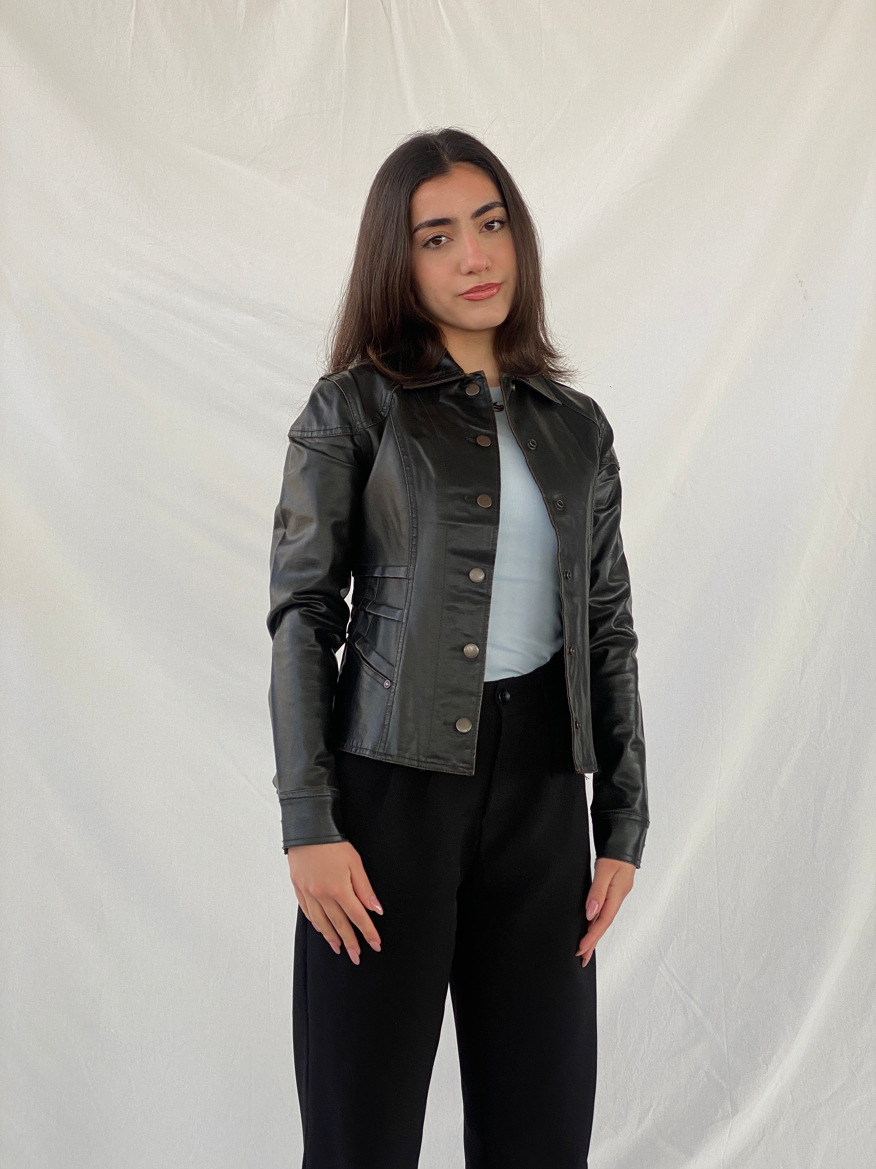Vintage Distressed Black Structured Leather Clip Up Jacket - XS