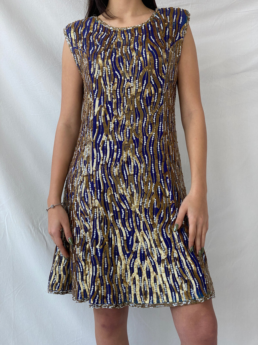 Vintage Razzle Dazzle Pure Silk Blue Gold Sequin Boxy Midi Dress - M
