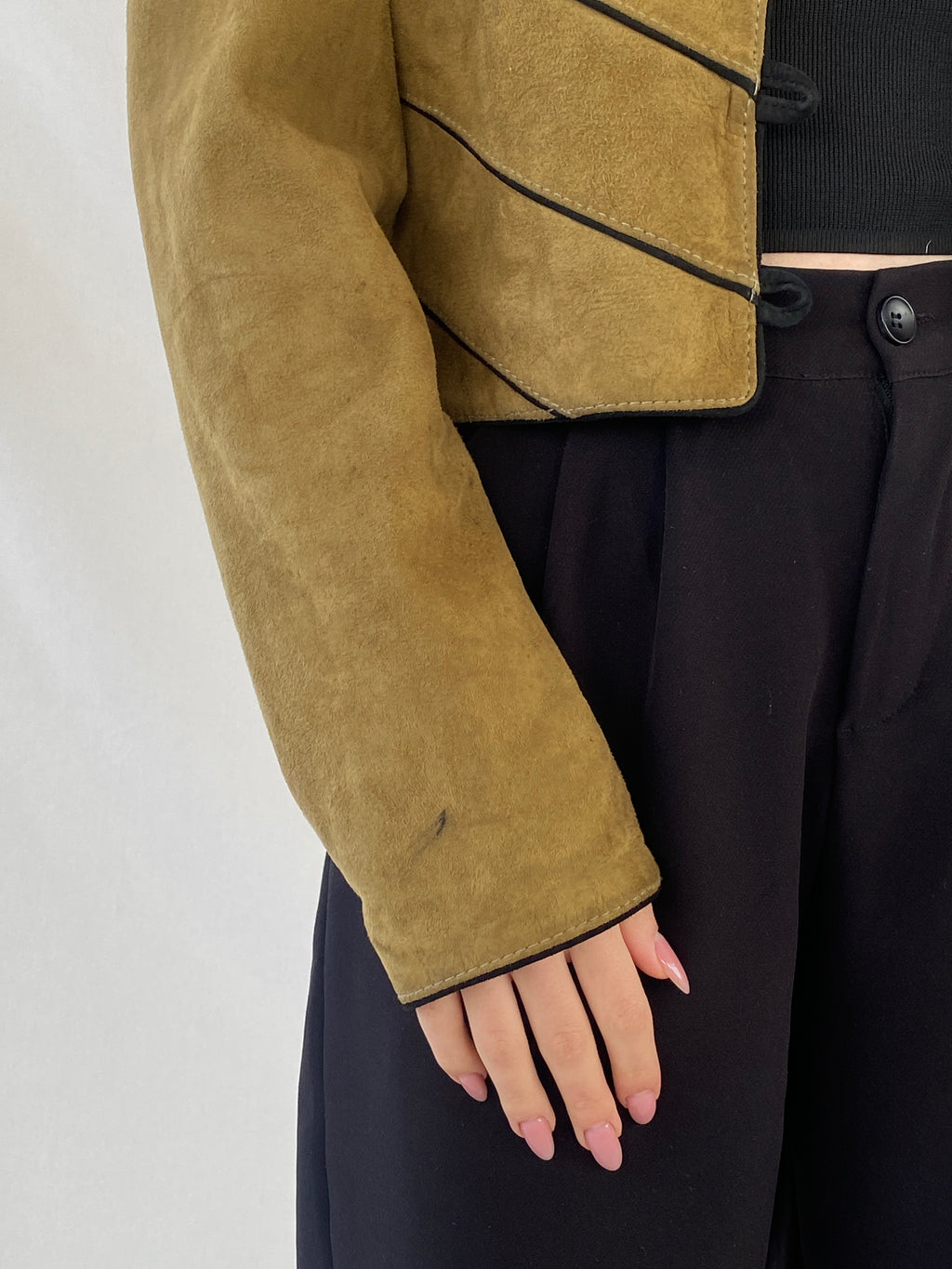 Vintage Olive Green Suede Trachten Buttoned Blazer Jacket - M