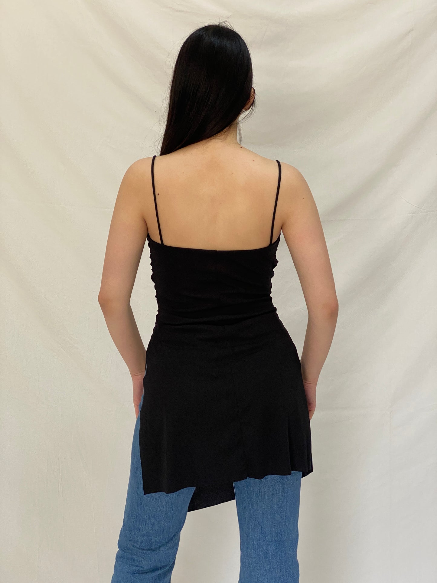 Vintage Y2K A-list Black Asymmetric  Ruched Cami Stretch Minimalist Top - M