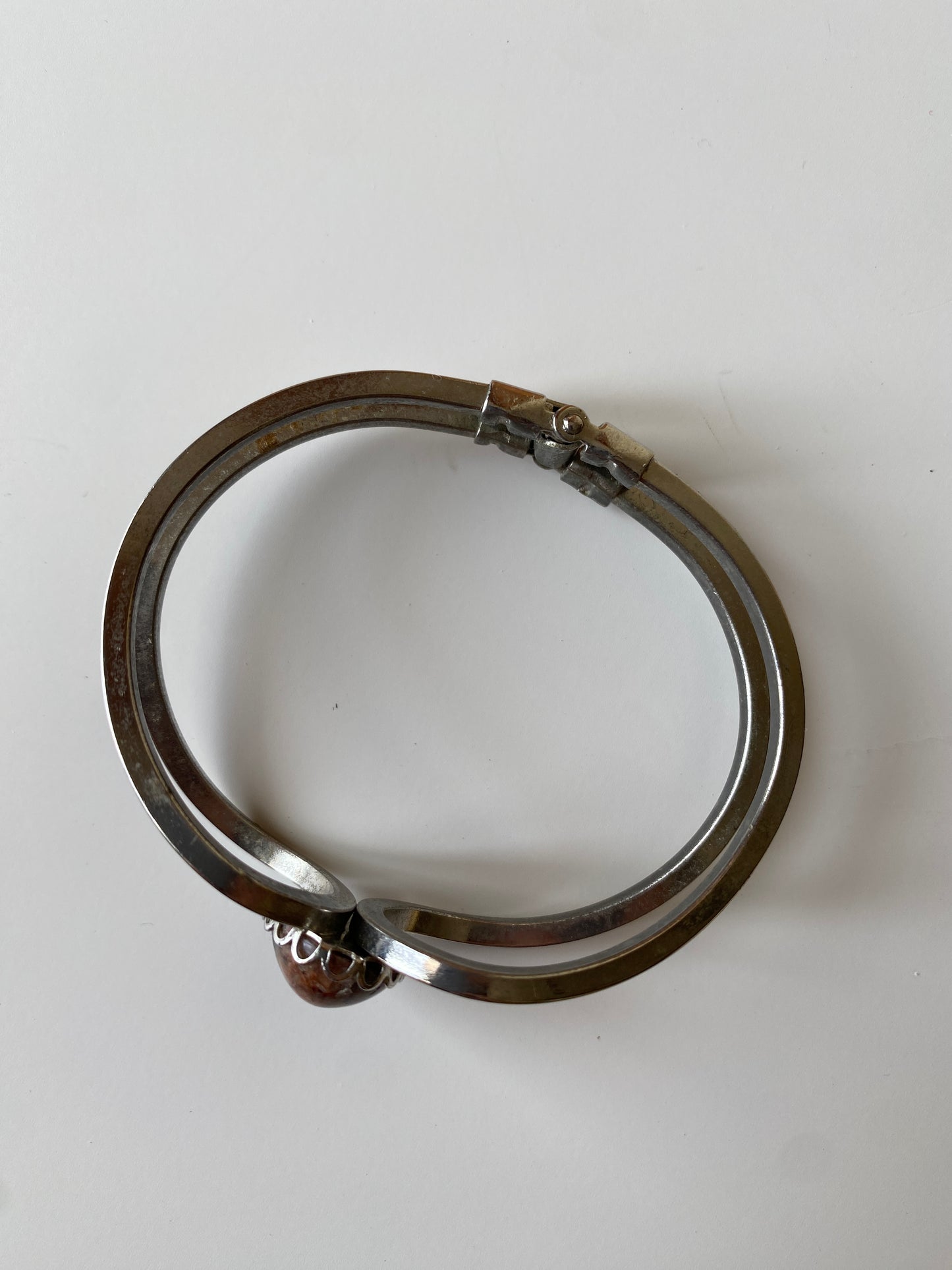 Vintage Silver-Tone Hinged Cuff Bracelet with Natural Stone Cabochon