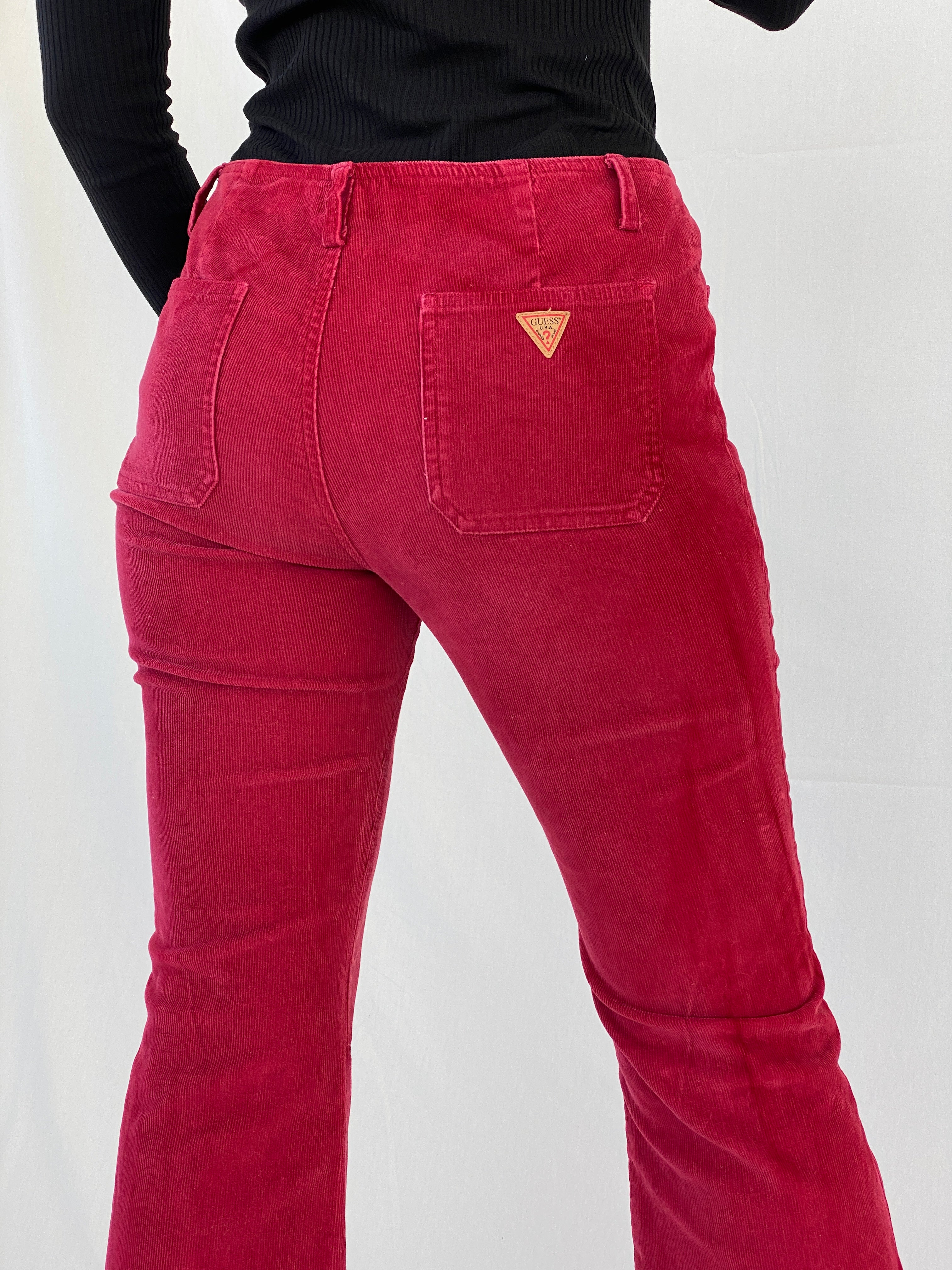 Vintage 90s Guess Jeans Stretch Maroon Flare Mid Rise Corduroy Pants - 38EUR