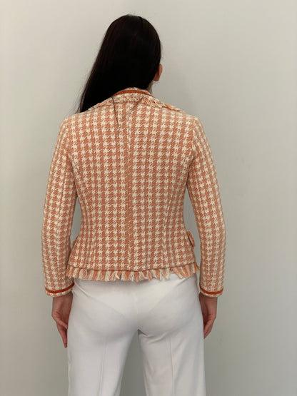 Vintage Y2K Laforet Collection Peach & Cream Houndstooth Fringe Tweed Blazer - XS