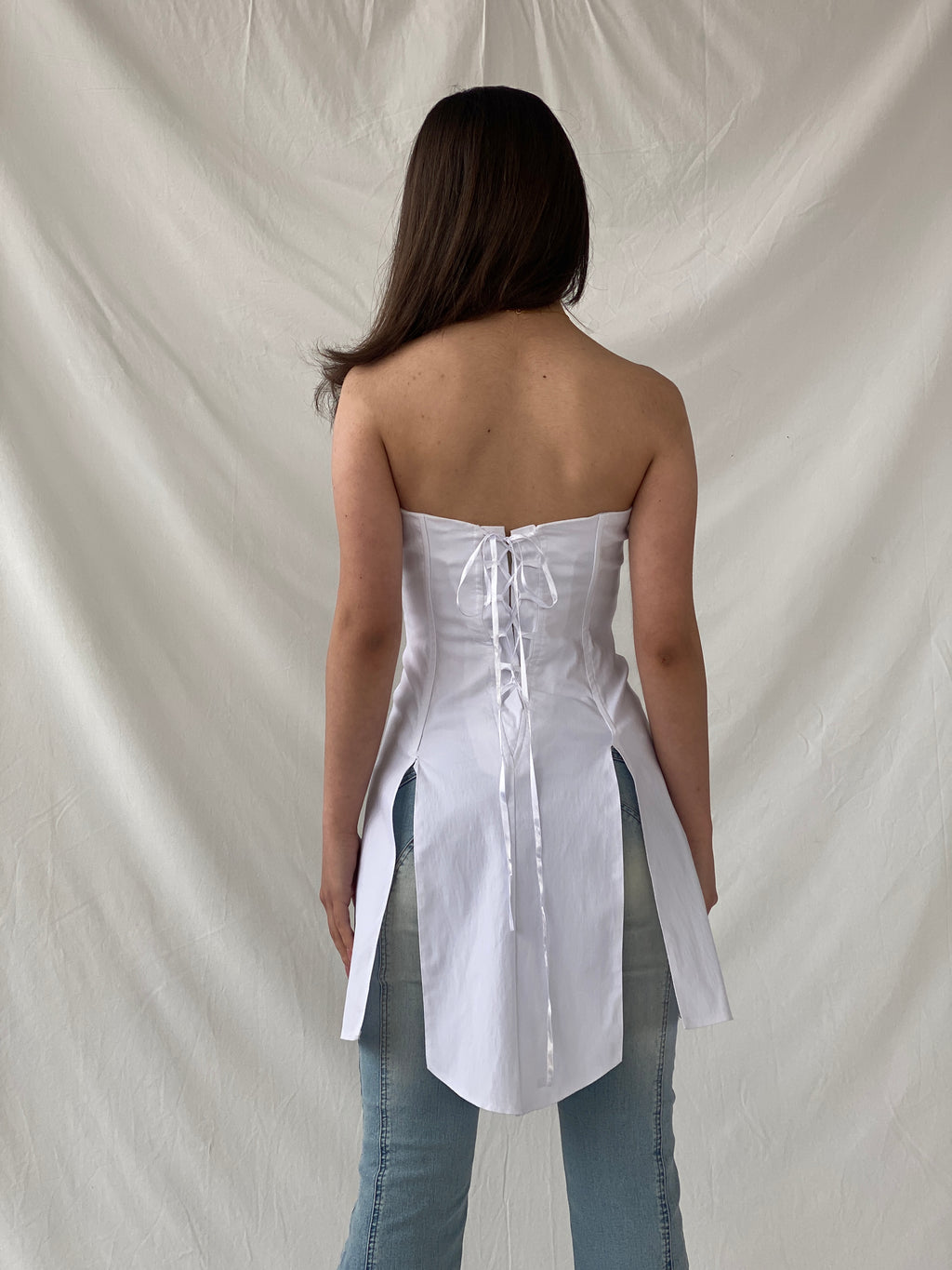 Beautiful Mara Margo White Boned Corset Bandeau Split Slit Top - XS