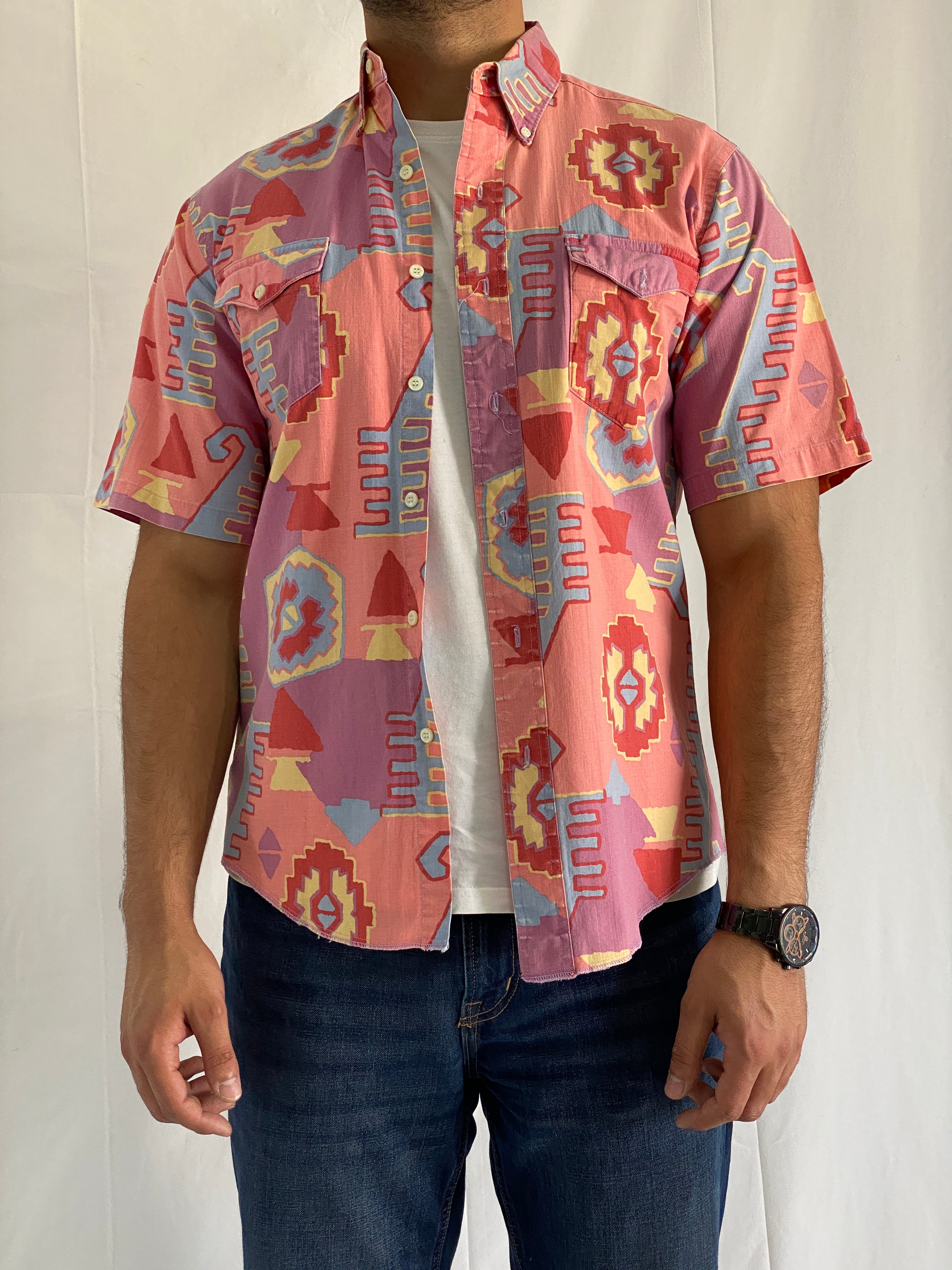 Vintage Wrangler Cotton Aztec Print Men’s Short Sleeve Southwestern Bold 90s Geometric Shirt - M