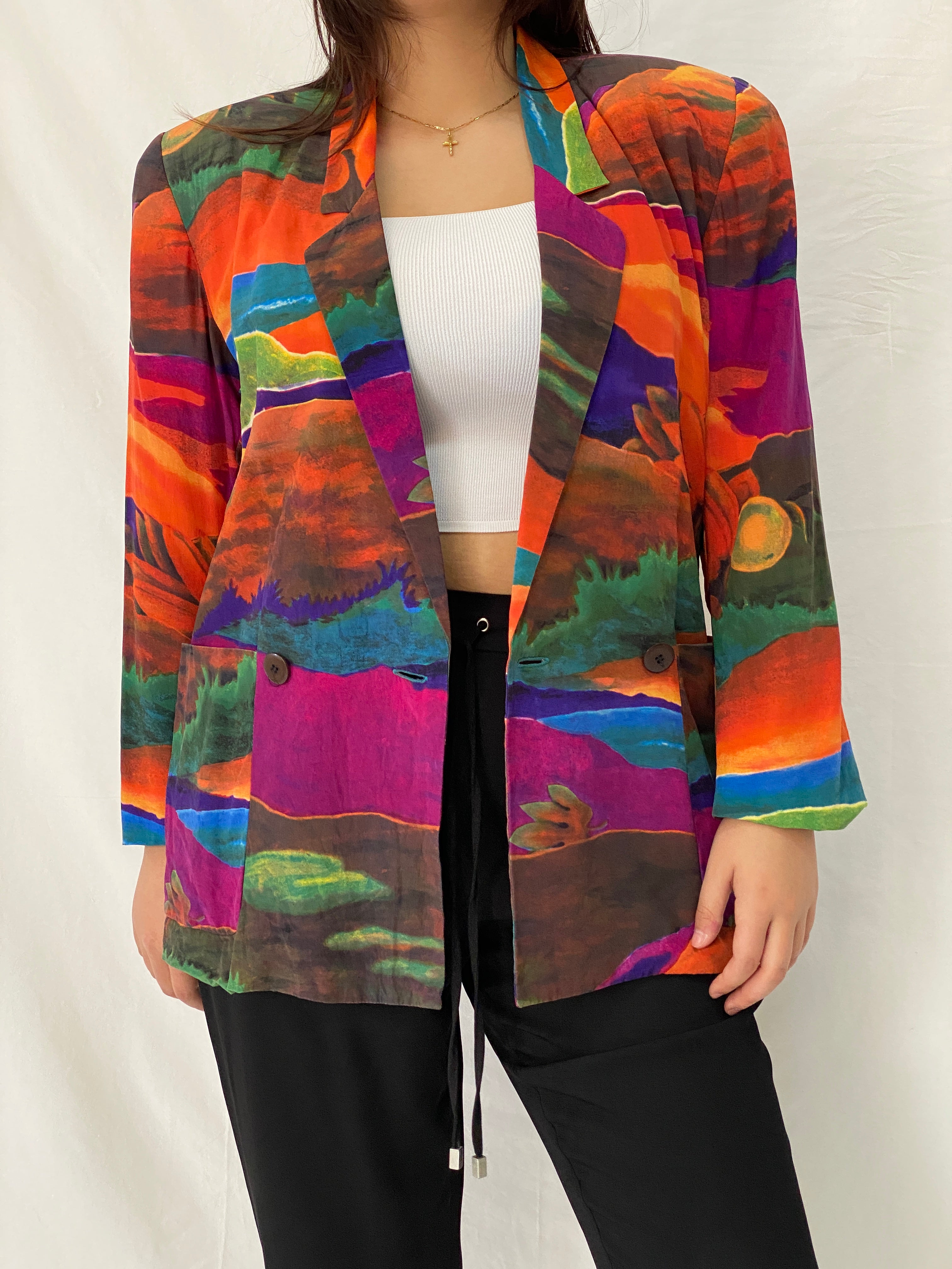 Vintage Linda Allard for Ellen Tracy Silk Abstract Landscape Art Print Blazer - M